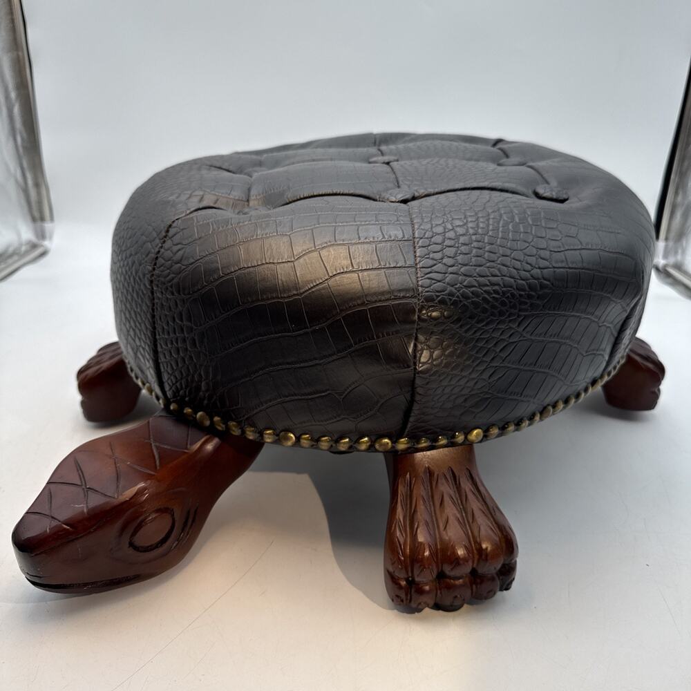 Wood Turtle Footstool Faux Croc Leather Tufted Ottoman Cushioned 25” X 16.5”